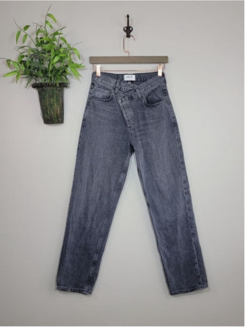 AGOLDE High Rise Criss Cross Straight Leg Jeans Black Crossover Waistband 23